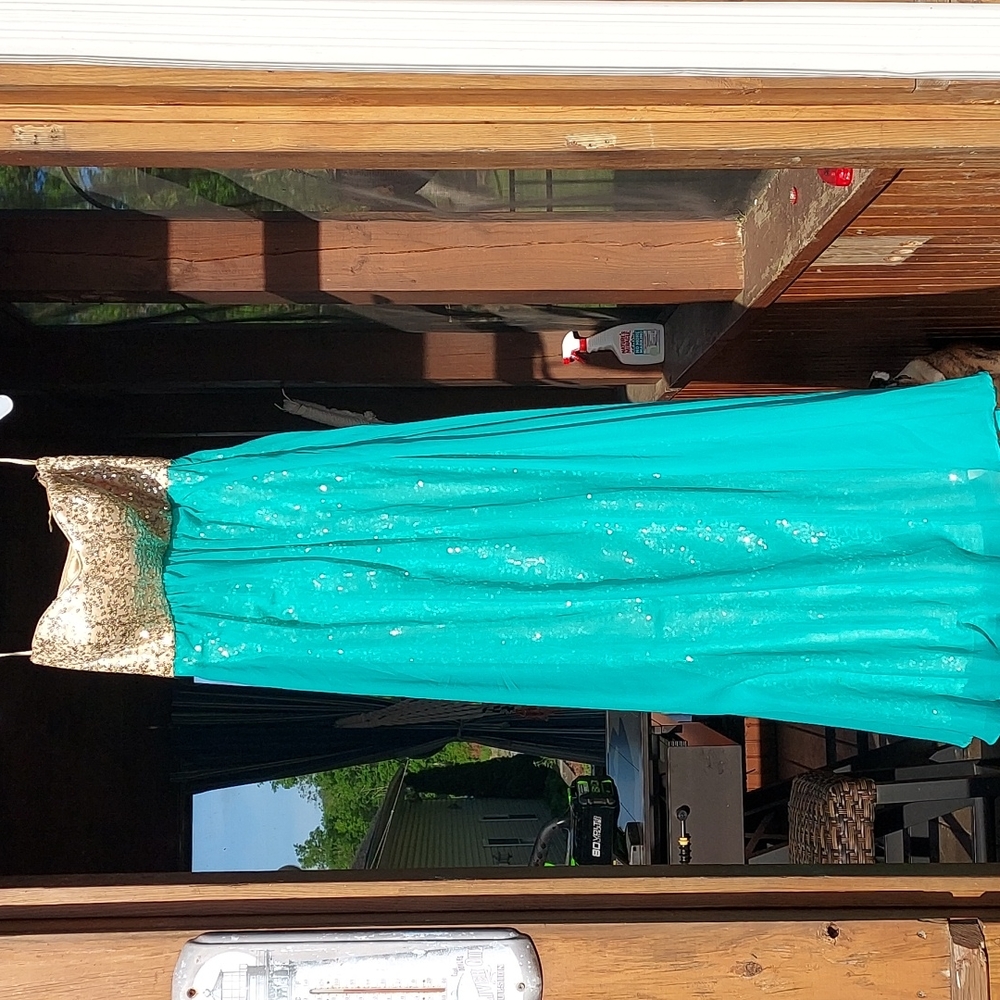 Teal and gold formal long prom dress